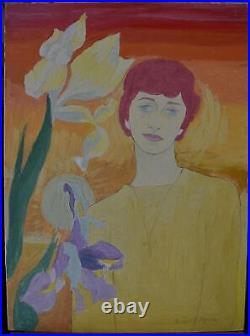 LADY WITH WHITE LILIES ABSTRACT PORTRAIT OIL PAINTING AUGUST MOSCA c1970/80s