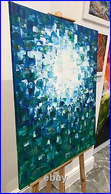 LARGE ABSTRACT PAINTING ORIGINAL blue green white gold squares ACRYLIC CANVAS