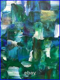 LARGE ABSTRACT PAINTING ORIGINAL blue green white gold squares ACRYLIC CANVAS