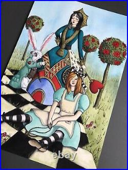 LARGE Alice In Wonderland QUEEN of HEARTS White Rabbit quirky painting CHESS