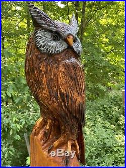 LARGE Chainsaw Carved HORNED OWL White Pine Wood Horned Owl Folk Art VERY UNIQUE