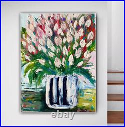 Large Abstract Original Oil Painting On 100x80cm canvas Flowers White Tulips oka