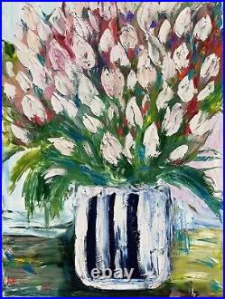 Large Abstract Original Oil Painting On 100x80cm canvas Flowers White Tulips oka