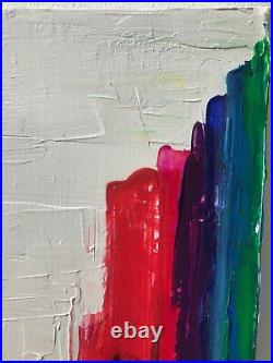 Large Multicolour Rainbow Colours Art Painting Cityscape White Red Yellow Blue