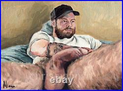 Mann Art Nude Male BEAR IN CAP Original Small Oil Painting Gay Vintage Mature