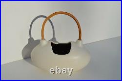Modern Mid-century Egg Shape Pottery Basket Wooden Handle Made By Israel Artist