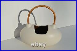 Modern Mid-century Egg Shape Pottery Basket Wooden Handle Made By Israel Artist