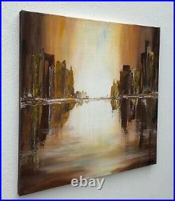 ORIGINAL ART ABSTRACT PAINTING SQUARE ACRYLIC CANVAS Cityscape brown beige white