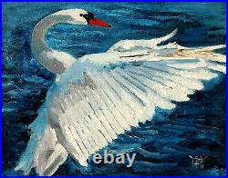 ORIGINAL OIL PAINTING White Swan Wings River Lake Bird Wildlife YARY DLUHOS