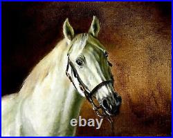 ORIGINAL Oil Portrait Painting WHITE HORSE PONY MARE Artist Signed Artwork Art