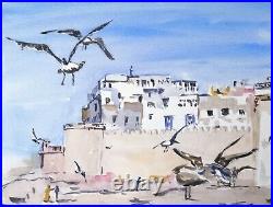 ORIGINAL watercolour painting Essouira Morocco 20x17 white Frame Marilyn Allis