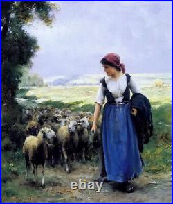 Oil painting Julien Dupre the young shepherdess with sheep goats in landscape