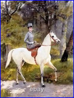 Oil painting Paul Tavernier lamazone lady on white horse in forest landscape