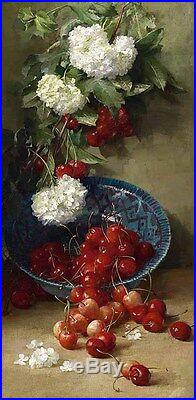 Oil painting still life white flowers with cherry porcelain bowl 15x36 inch