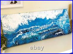 Original Acrylic Fluid Painting, Abstract Painting in Blue and White 80x30cm