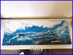 Original Acrylic Fluid Painting, Abstract Painting in Blue and White 80x30cm