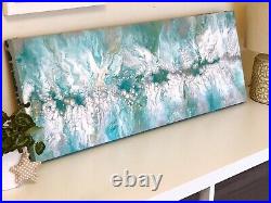 Original Acrylic Fluid Painting on Canvas in Turquoise, White and Grey 80x30cm