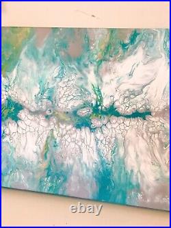 Original Acrylic Fluid Painting on Canvas in Turquoise, White and Grey 80x30cm