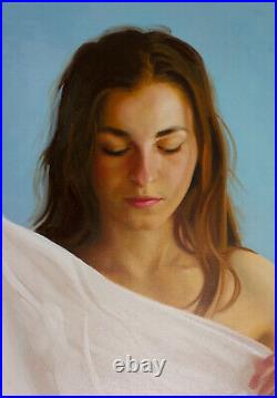 Original Framed Oil Painting Female Girl woman with white sheet art portrait