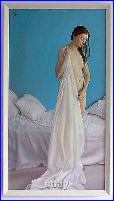 Original Framed Oil Painting Female Nude Girl bedroom white sheets artwork