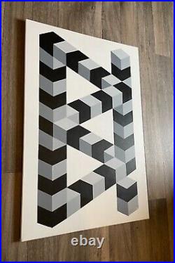 Original Modern Abstract Geometric Op Art Minimalist Framed Canvas Painting