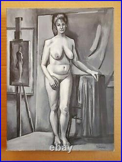 Original Nude Female Figure Tempera Black and White Painting on Cardboard