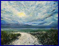 Original Ocean Waves Clouds Tonalism Sunset Beach White Sand Landscape Painting