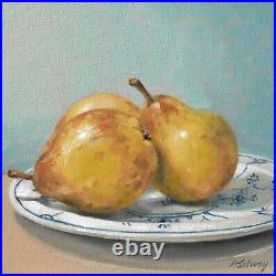 Original Oil Painting Still Life Pears on Blue and White China Plate AH Selway