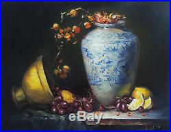 Original Oil Painting Still Life Realism Blue White Vase W Copper Pot Fruit
