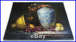 Original Oil Painting Still Life Realism Blue White Vase W Copper Pot Fruit