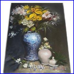 Original Oil Painting Still Life Realism Blue White Vase w Flowers by Z. Li11x14