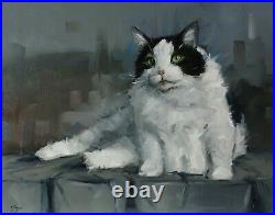 Original Oil painting portrait of a black and white cat by uk artist j payne