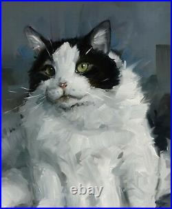 Original Oil painting portrait of a black and white cat by uk artist j payne