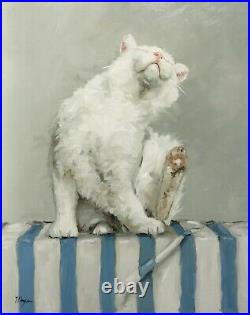 Original Oil painting portrait of a white cat by uk artist j payne