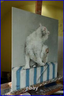 Original Oil painting portrait of a white cat by uk artist j payne