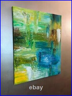 Original Painting Blue Green, White Yellow Textured Acrylic Art Canvas Waterfall