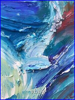 Original Painting Blue White Green Waves Textured Acrylic Art Box Canvas Square