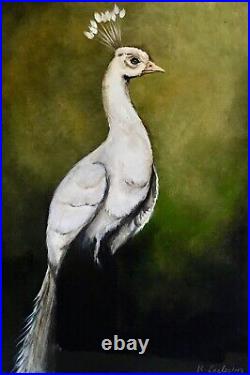 Original Painting. White Peacock Bird Wildlife. Fine Art. Signed K Eggleston