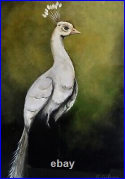 Original Painting. White Peacock Bird Wildlife. Fine Art. Signed K Eggleston