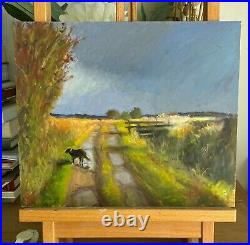Original art oil painting Impressionist landscape English landscape with dog