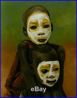 Original oil painting 2 African boys tribal portrait by UK artist j payne