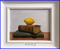 Original oil painting Antique Books and Lemon Still Life. Framed ready to hang
