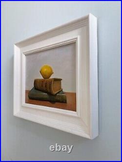 Original oil painting Antique Books and Lemon Still Life. Framed ready to hang