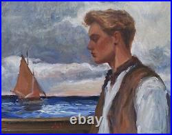 Original oil painting Blond Young Man Portrait sailing boat. Framed