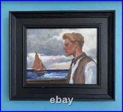 Original oil painting Blond Young Man Portrait sailing boat. Framed