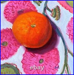Original oil painting Orange on pink cloth napkin, fruit still life, J Smith