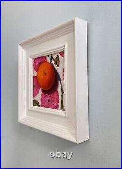 Original oil painting Orange on pink cloth napkin, fruit still life, J Smith