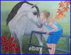 Original oil painting Soft touch Girl and White Horse size 20x 16