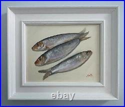 Original oil painting Three Fish. Framed & ready to hang direct J Smith