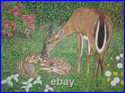 Original oil painting White tailed Deer, Doe and her Fawns -size 24x 18 x 5/8